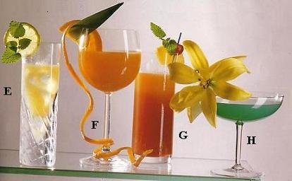 E - Долька лиметте и веточка мяты   F - Половина дольки апельсина, листок ананаса и спираль из пельсиновой цедры   G - Четверть кружочка ананаса, коктейльная вишенка на шпажке и веточка мяты   H - Долька дыни и цветок лилии